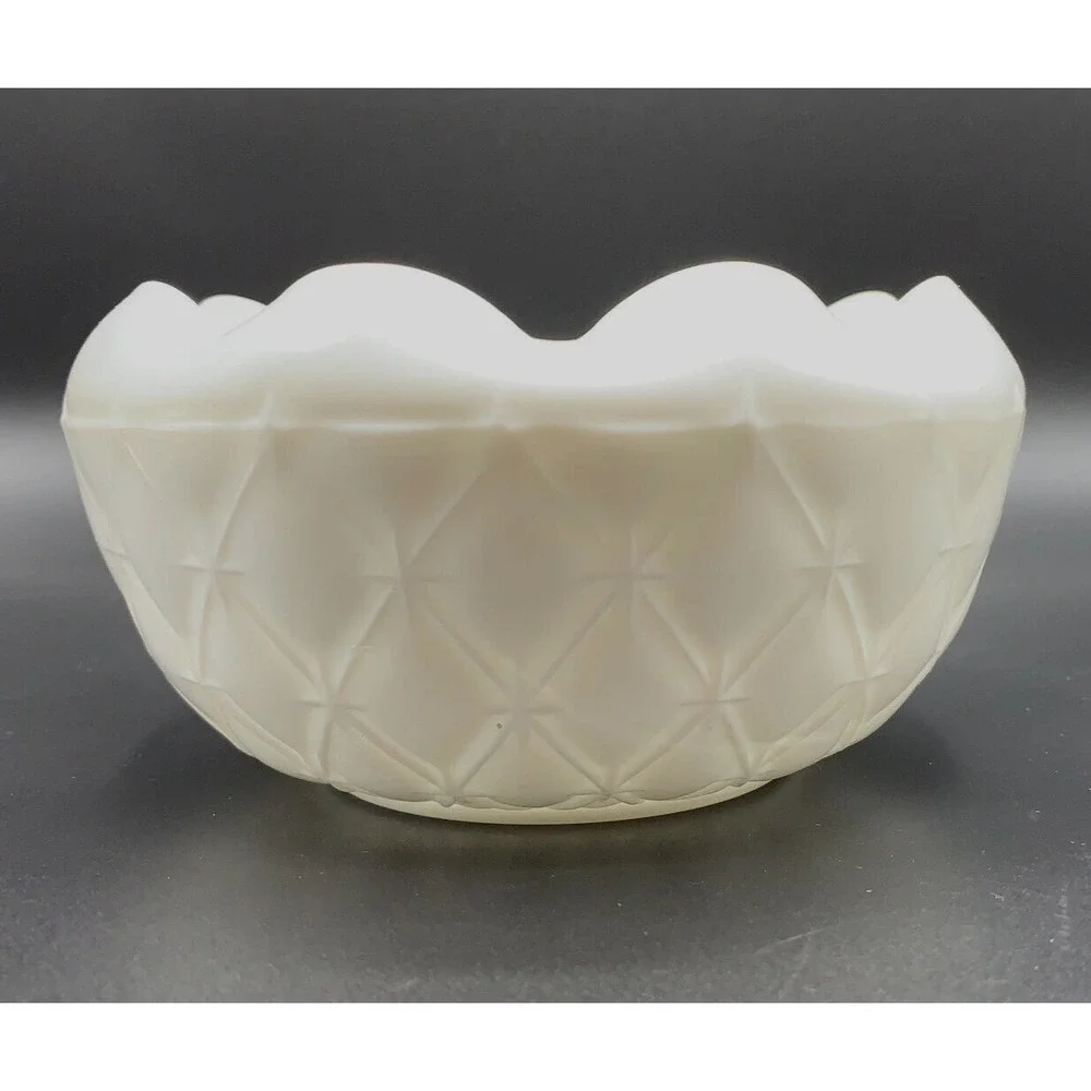 Indiana Rose Bowl White Milk Glass Duette Diamond Quilt Ruffle Edge Candy Dish